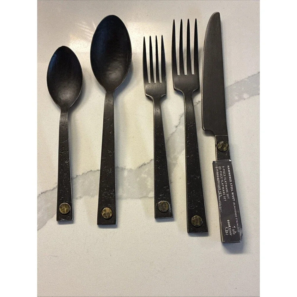 Restoration Hardware Hammered Steel Rivet Flatware Cutlery Set Blackened 5 pc